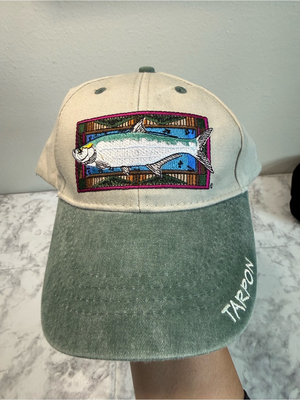 Vintage Flying Fisherman Embroidered Tarpon Fishing Cap - Green and Cream OS